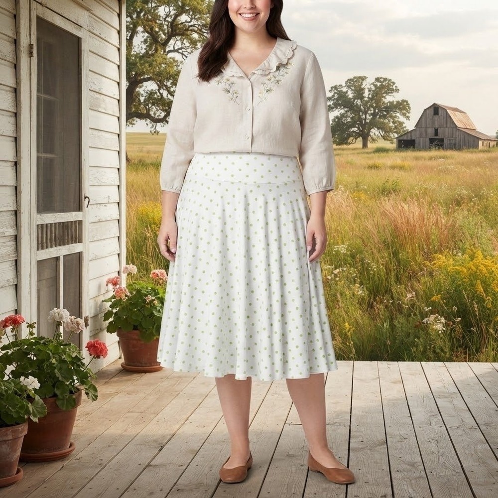 Polka Dot Midi Skirt Womens 3X White Green A-Line Pull On Modest Jersey Feminine